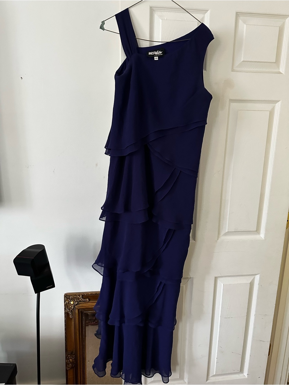 MSK Deep Navy One-Shoulder Ruffle Tiered Evening Gown